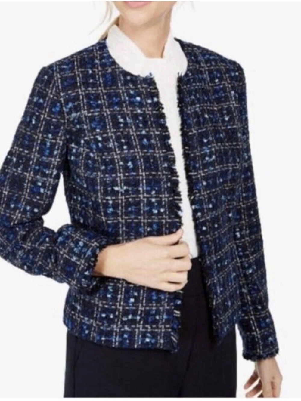 Calvin Klein Navy & Black Tweed Collarless Blazer